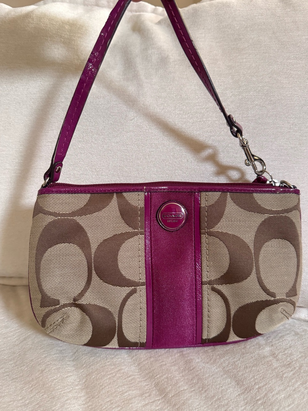 Coach Khaki Signature Wristlet with Berry Trim